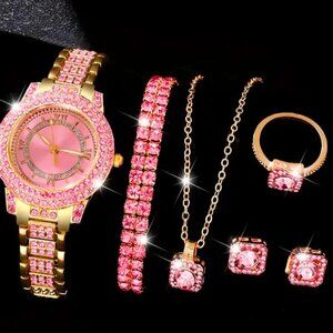 Brand New 6pc Women's Pink & Gold Quartz Watch Set